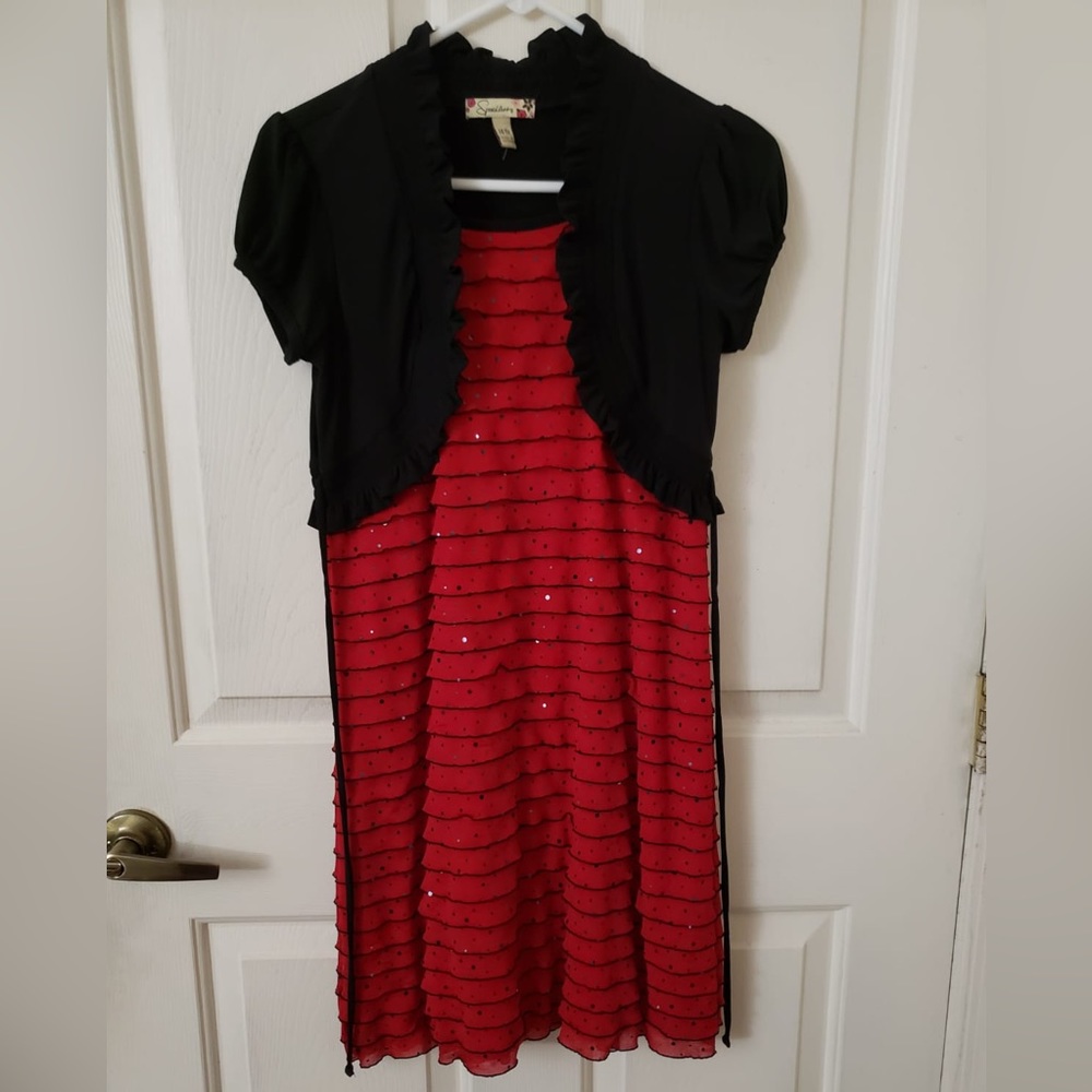 Kids small red dress with attached black coat